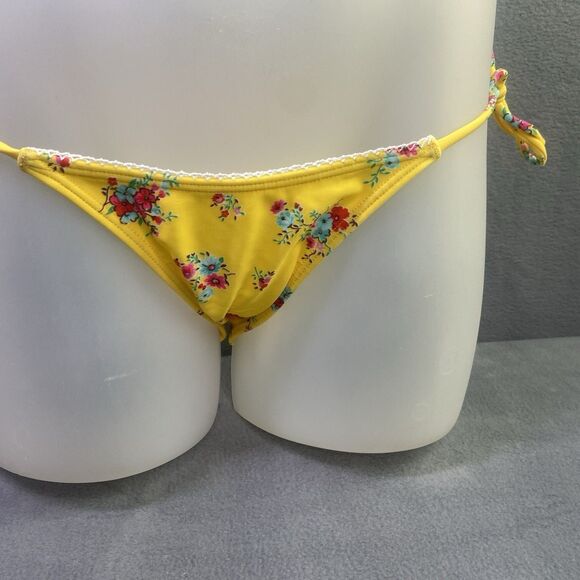 AGUA DOCE Brazilian 2-pc Bikini Size Large Yellow Flowers Lace Trim Hip Tie - Picture 5 of 9